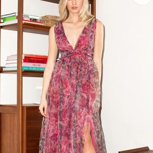 Garden Romance Magenta Floral Print Organza Maxi Dress Size Large NWT